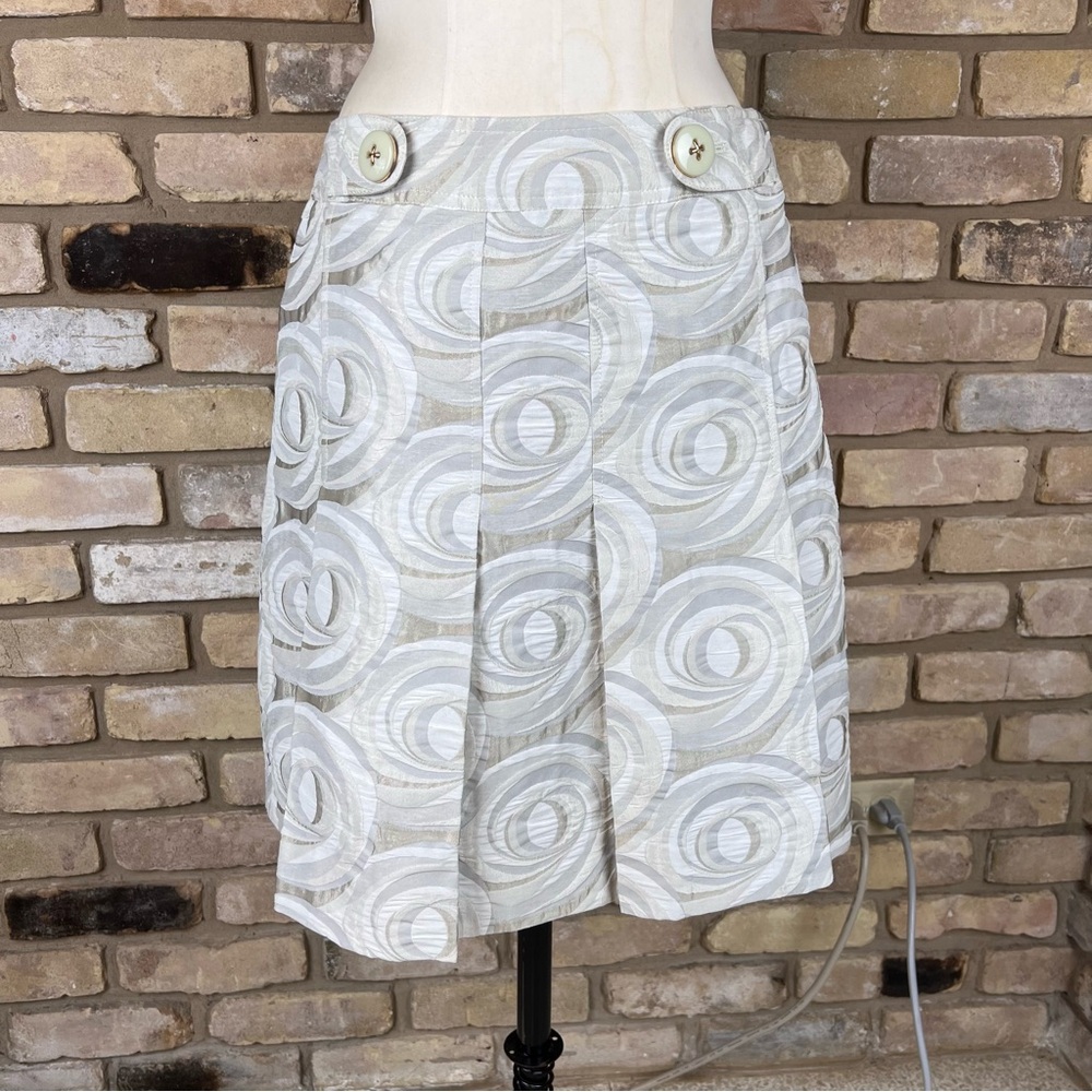 ETCETERA white platinum gray metallic swirl patterned pleated a-line skirt